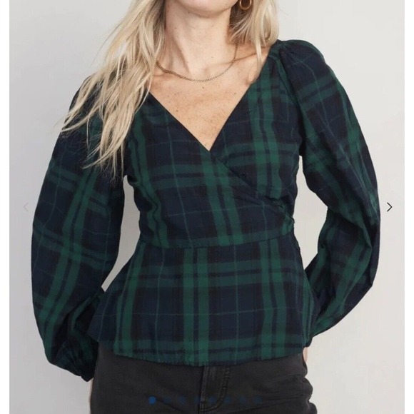 Old Navy Plaid Wrap Top Long Sleeve Tie Back Green Blue Size Large - Picture 1 of 5